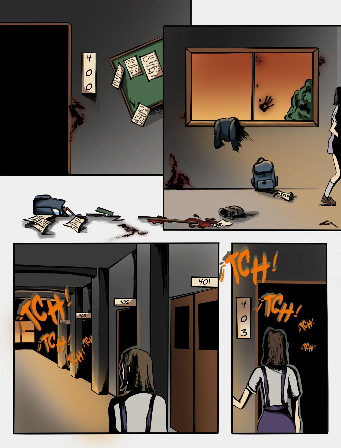 Página de cómic, pasillo escolar